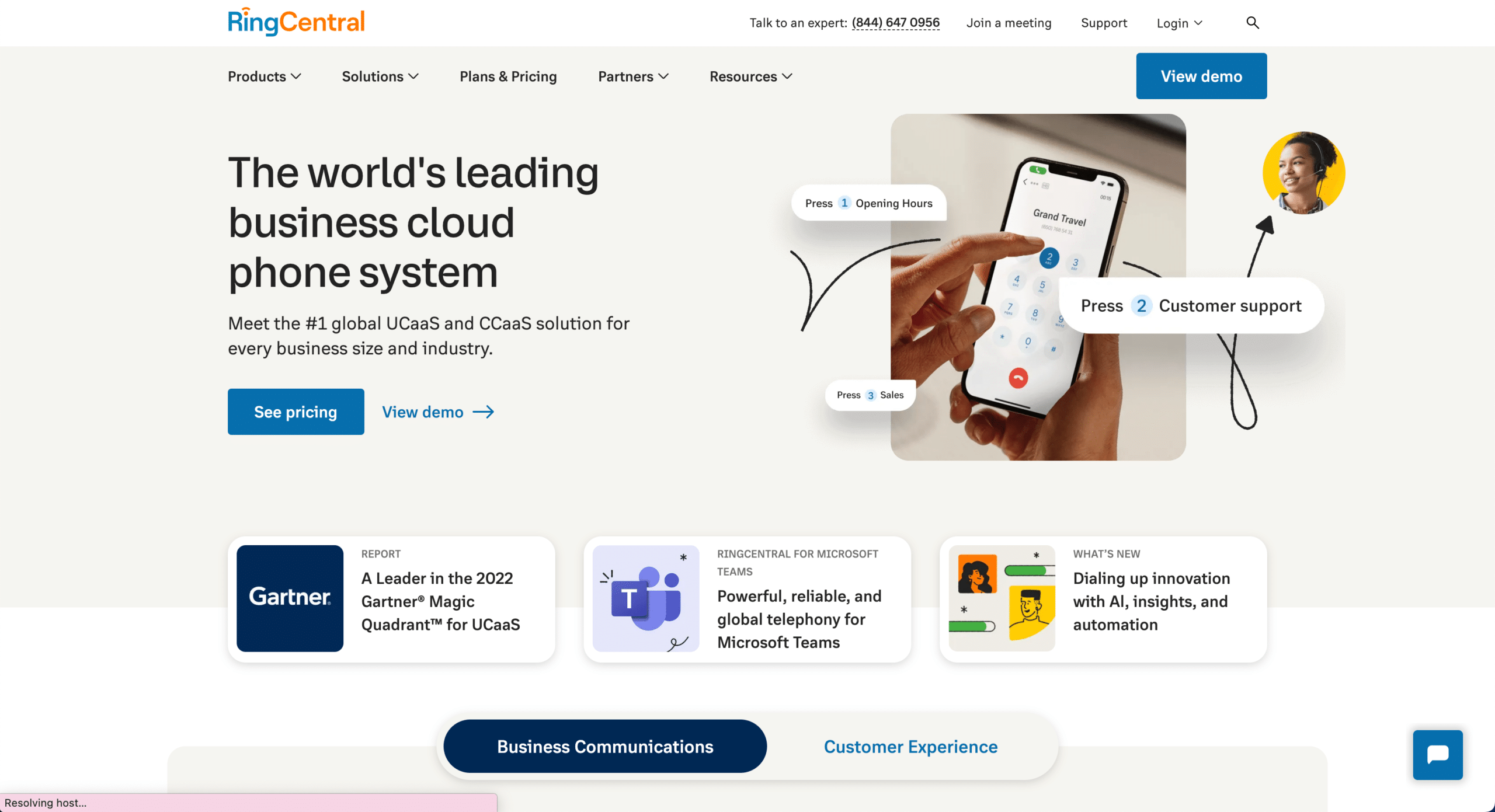 screenshot of ringcentral homepage