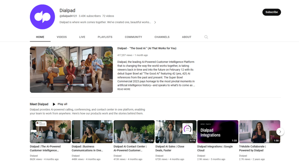 Screenshot of the Dialpad YouTube channel